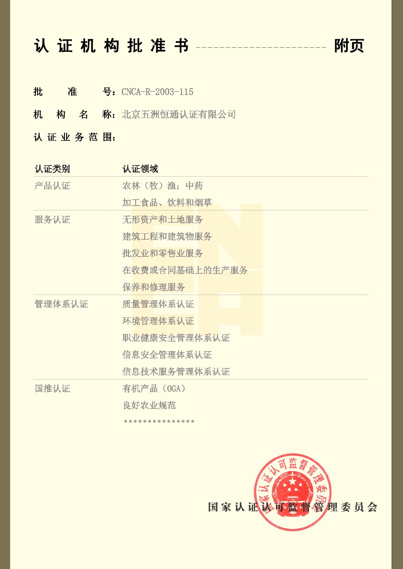 认证机构批准书附件